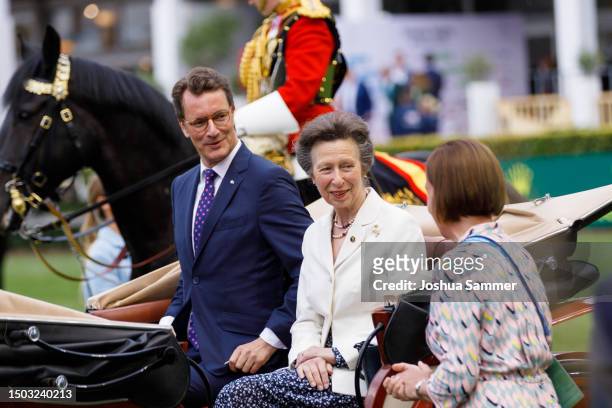 Britain's Princess Anne, Princess Royal and North Rhine-Westphalia's State Premier Hendrik Wuest attend the CHIO Media Night 2023 on June 27, 2023 in...