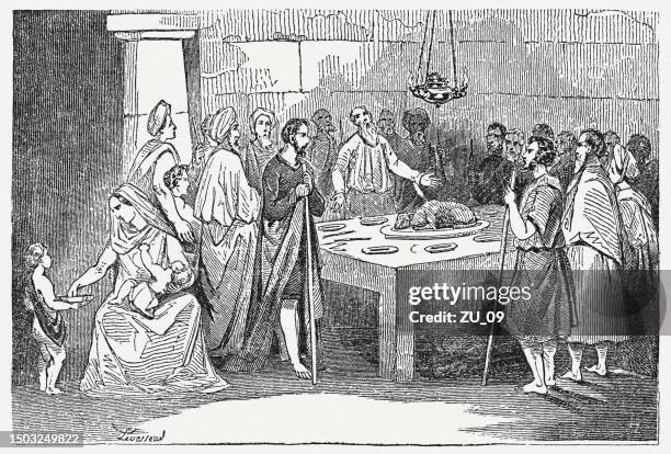 institution of the passover (exodus 12), wood engraving, published 1835 - passover lamb stock illustrations