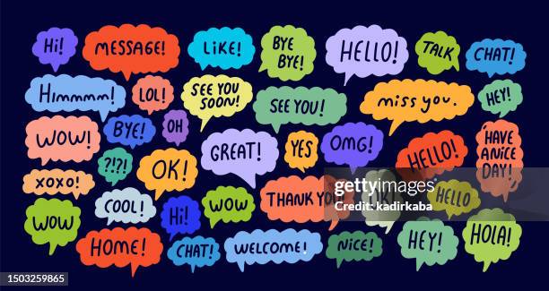 speech bubbles short phrases, great, yes, omg, wow, thank you, ok, welcome, nice, see you, miss you, hello, chat, like, message. - bubble font stock illustrations