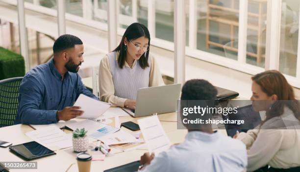 laptop, paperwork and business people in office for workshop, collaboration and advice on audit report. brainstorming, teamwork and working together on research project with diversity, men and women. - portfolio stock pictures, royalty-free photos & images