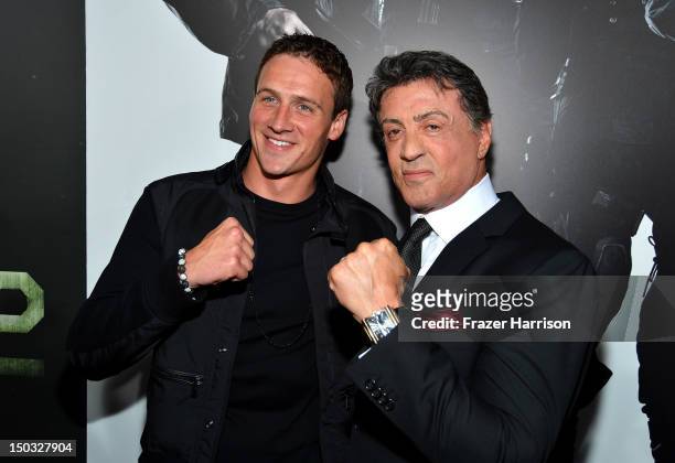 Olympic Swimmer Ryan Lochte and Actor/Writer/Director Sylvester Stallone arrives at Lionsgate Films' "The Expendables 2" premiere on August 15, 2012...