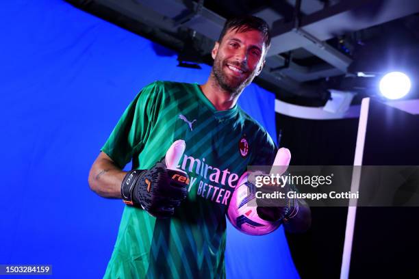 Milan new signing Marco Sportiello during his first photoshoot at Casa Milan on June 27, 2023 in Milan, Italy.