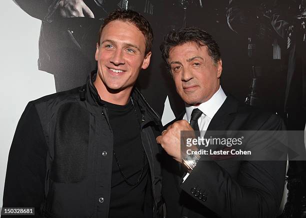 Olympic swimmer Ryan Lochte and actor/writer Sylvester Stallone arrive at "The Expendables 2" Los Angeles Premiere at Grauman's Chinese Theatre on...