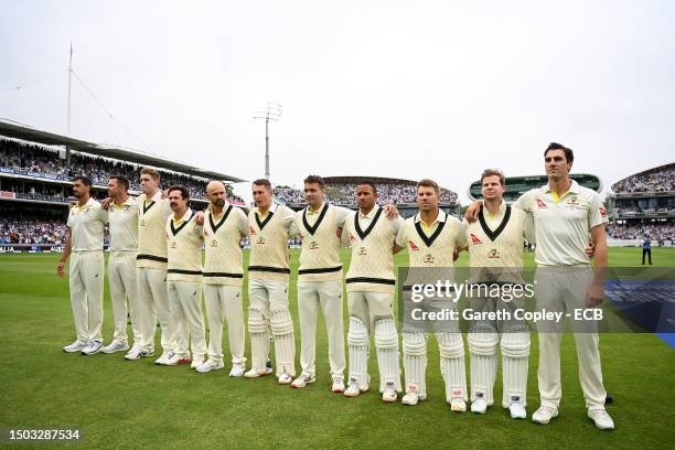 The Australia team line up for the national anthem prior to Day One of the LV= Insurance Ashes 2nd Test match between England and Australia at Lord's...