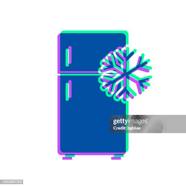 kühlschrank mit schneeflocke. icon mit zweifarbiger überlagerung auf weißem hintergrund - freezer icon stock-grafiken, -clipart, -cartoons und -symbole