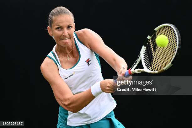 Karolina Pliskova of Czech Republic plays a backhand against Daria Kasatkina during the Women's Singles Second Round match on Day Five of the...