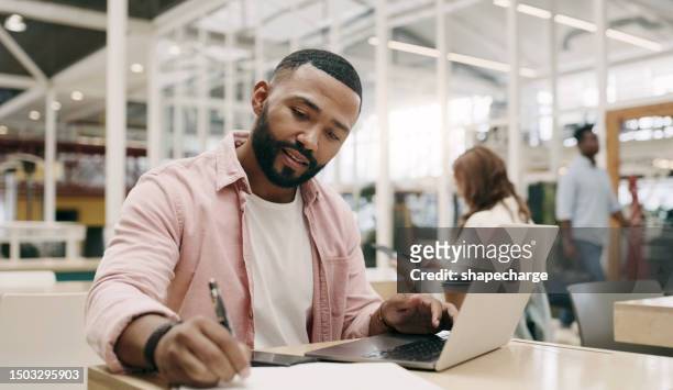 writing, creative and man with laptop in office for business, project or research in startup. computer, notes and african professional copywriter working on book for planning, web schedule and email. - professional writing stock pictures, royalty-free photos & images