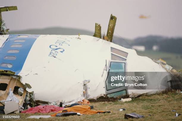 Some of the wreckage of Pan Am Flight 103 after it crashed onto the town of Lockerbie in Scotland, on 21st December 1988. The Boeing 747 'Clipper...