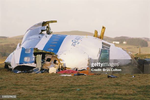 Some of the wreckage of Pan Am Flight 103 after it crashed onto the town of Lockerbie in Scotland, on 21st December 1988. The Boeing 747 'Clipper...