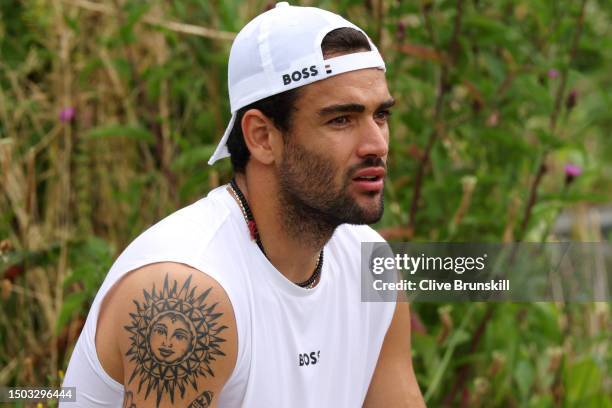 Matteo Berrettini of Italy looks on during a practice session ahead of The Championships - Wimbledon 2023 at All England Lawn Tennis and Croquet Club...