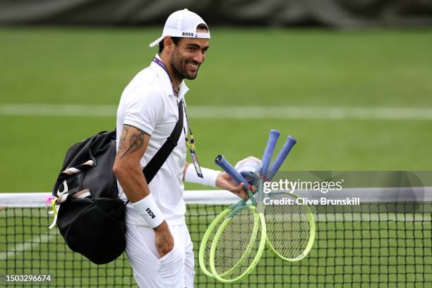 Matteo Berrettini of Italy smiles during a practice session ahead of The Championships - Wimbledon 2023 at All England Lawn Tennis and Croquet Club...