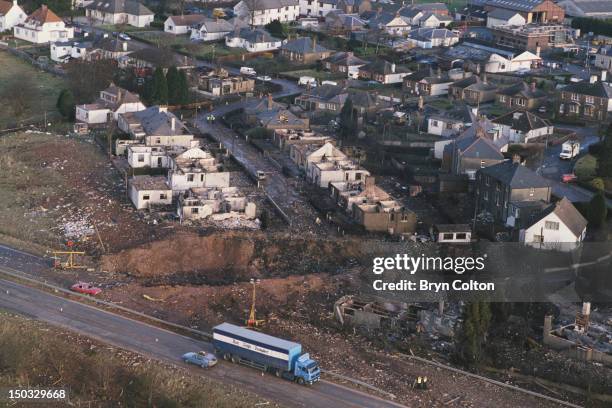 Some of the destruction caused by Pan Am Flight 103 after it crashed onto the town of Lockerbie in Scotland, on 21st December 1988. The Boeing 747...