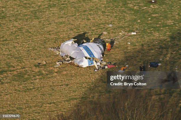 Some of the wreckage of Pan Am Flight 103 after it crashed onto the town of Lockerbie in Scotland, on 21st December 1988. The Boeing 747 'Clipper...