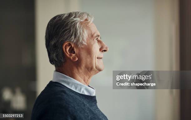 elderly man, profile and thinking about future, retirement and pension with headshot, mockup space and aging. male person at home, pensioner and relax, planning old age and memory of life experience - perfil vista lateral imagens e fotografias de stock