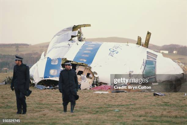 Some of the wreckage of Pan Am Flight 103 after it crashed onto the town of Lockerbie in Scotland, on 21st December 1988. The Boeing 747 'Clipper...