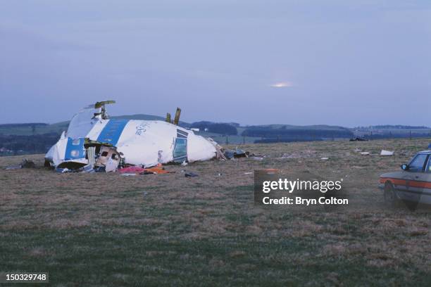 Some of the wreckage of Pan Am Flight 103 after it crashed onto the town of Lockerbie in Scotland, on 21st December 1988. The Boeing 747 'Clipper...