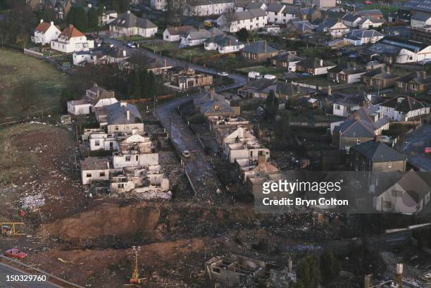 Some of the destruction caused by Pan Am Flight 103 after it crashed onto the town of Lockerbie in Scotland, on 21st December 1988. The Boeing 747...