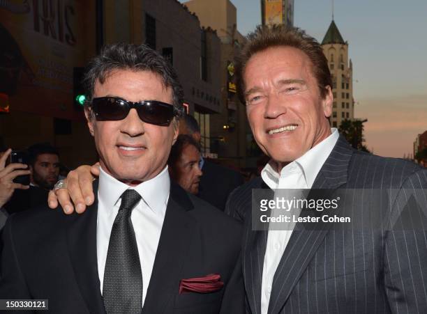 Actor/writer Sylvester Stallone and actor Arnold Schwarzenegger arrive at "The Expendables 2" Los Angeles Premiere at Grauman's Chinese Theatre on...