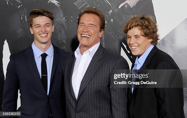 Patrick Schwarzenegger, Arnold Schwarzenegger and Christopher Schwarzenegger arrive at Los Angeles premiere of "The Expendables 2" at Grauman's...