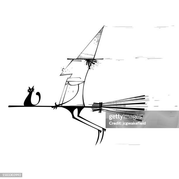 wicked witch on a broomstick - witchs hat stock illustrations