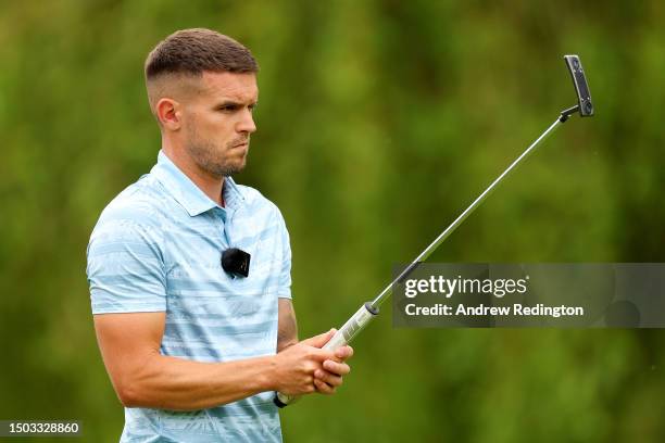 Gaz Beadle lines up a putt during the Pro-AM prior to the Betfred British Masters hosted by Sir Nick Faldo 2023 at The Belfry on June 28, 2023 in...