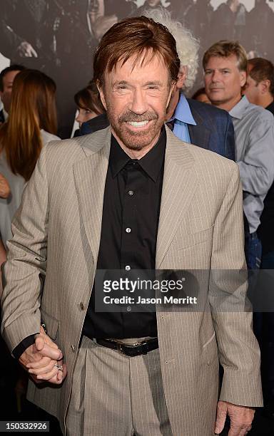 Actor Chuck Norris arrives at Lionsgate Films' 'The Expendables 2' premiere on August 15, 2012 in Hollywood, California.