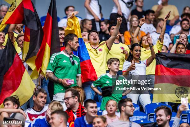 Fans of colombia celebrates during the international friendly match between Germany and Colombia at Veltins-Arena on June 20, 2023 in Gelsenkirchen,...