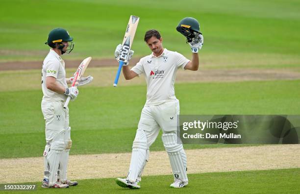 Gareth Roderick of Worcestershire celebrates reaching his century during day four of the LV= Insurance County Championship Division 2 match between...