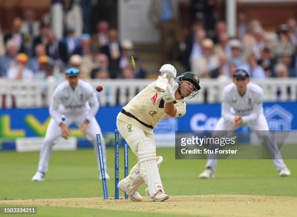 David Warner of Australia is bowled by Josh Tongue of England during Day One of the LV= Insurance Ashes 2nd Test match between England and Australia...