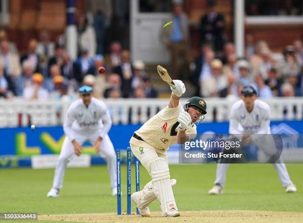 David Warner of Australia is bowled by Josh Tongue of England during Day One of the LV= Insurance Ashes 2nd Test match between England and Australia...