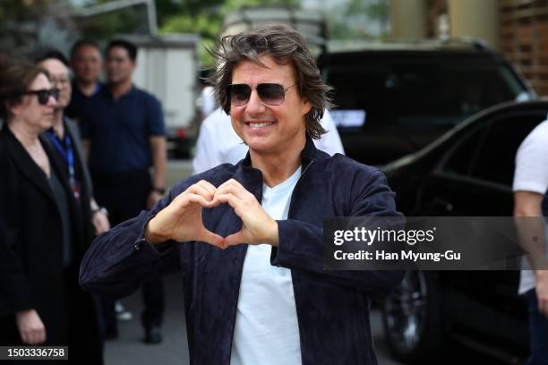 Actor Tom Cruise waves to his fans upon his arrival at Gimpo International Airport on June 28, 2023 in Seoul, South Korea. Tom Cruise is visiting...