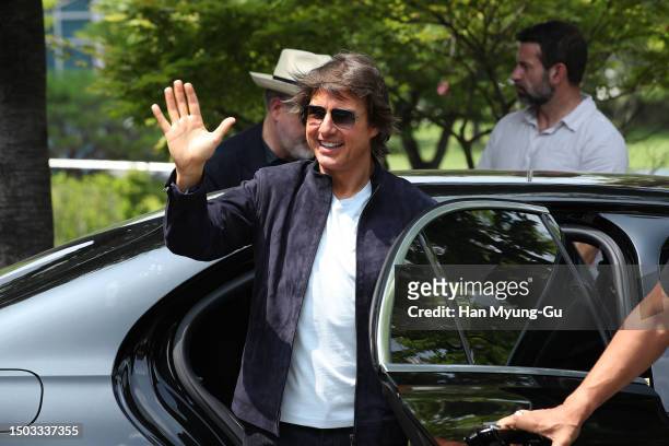 Actor Tom Cruise waves to his fans upon his arrival at Gimpo International Airport on June 28, 2023 in Seoul, South Korea. Tom Cruise is visiting...