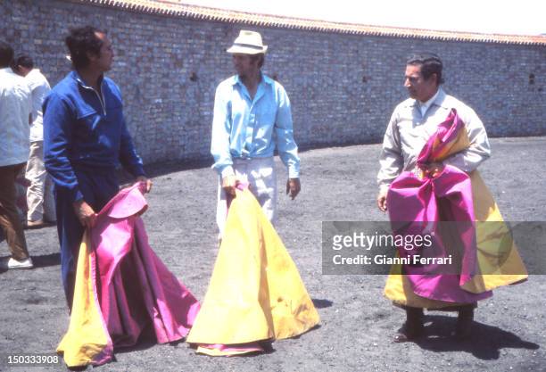The Spanish bullfighter Manuel Benitez El Cordobes' on his farm of Villalobillos , with two great bullfighters, Luis Miguel Dominguin and Antonio...