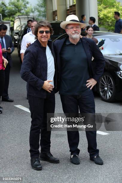 Actor Tom Cruise and director Christopher McQuarrie pose for media upon his arrival at Gimpo International Airport on June 28, 2023 in Seoul, South...