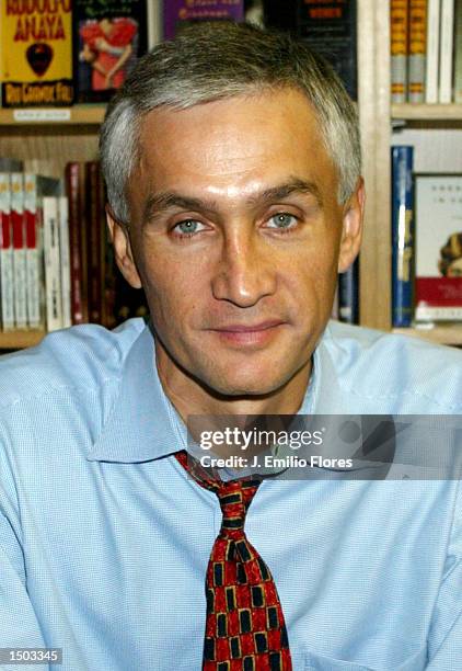 October 18: Spanish news anchor Jorge Ramos poses at a signing for his new book "No Borders" October 18, 2002 in Long Beach, California.