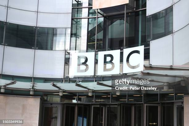 June 2023: BBC sign External Sign London, England.