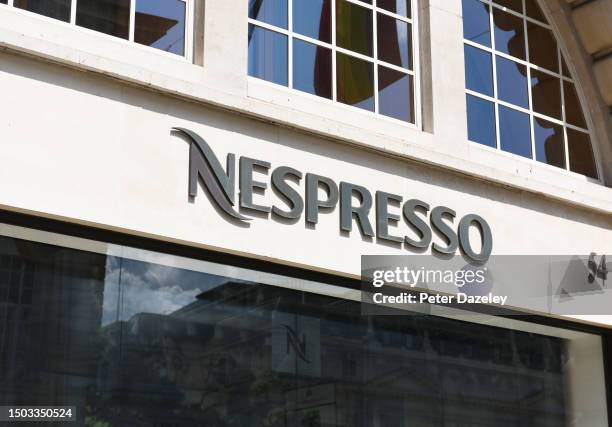 June 2023: Nespresso store sign External Store Sign London, England.