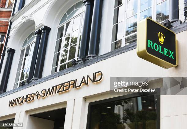June 2023: Rolex Watches of Switzerland store sign External Store Sign London, England.