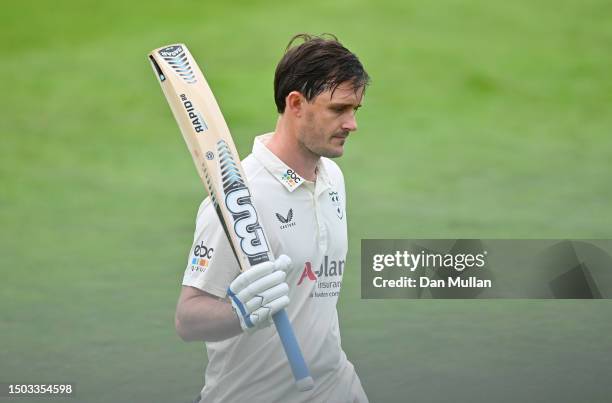 Gareth Roderick of Worcestershire reacts as he leaves the field after being caught by Harry Came of Derbyshire during day four of the LV= Insurance...