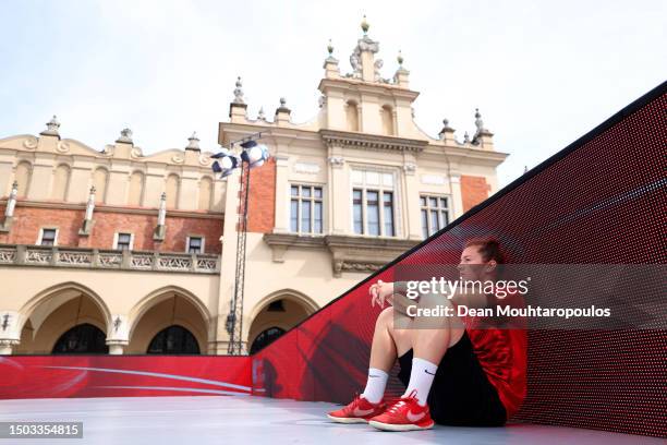 Zsanett Lujza Janicsek of Hungary looks on ahead of her Teqball Women's Singles Quarter Final match against Nanna Lind Kristensen of Denmark during...