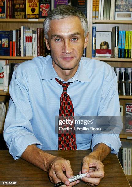 October 18: Spanish news anchor Jorge Ramos poses at a signing for his new book "No Borders" October 18, 2002 in Long Beach, California.