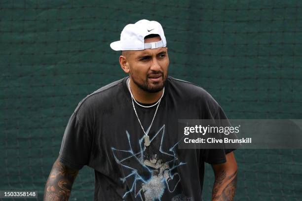 Nick Kyrgios of Australia looks on during a practice session ahead of The Championships - Wimbledon 2023 at All England Lawn Tennis and Croquet Club...