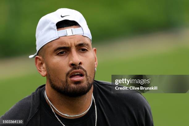 Nick Kyrgios of Australia looks on during a practice session ahead of The Championships - Wimbledon 2023 at All England Lawn Tennis and Croquet Club...