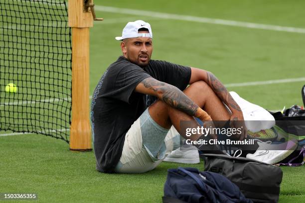 Nick Kyrgios of Australia looks on during a practice session ahead of The Championships - Wimbledon 2023 at All England Lawn Tennis and Croquet Club...