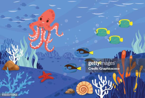 tropical underwater fishes and squids on coral reefs. sea life in nature - sea mollusc stock illustrations