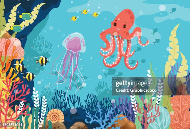 tropische unterwasserquallen und tintenfische an korallenriffen. meereslebewesen in der natur, bunte meereslandschaft - tiefsee stock-grafiken, -clipart, -cartoons und -symbole
