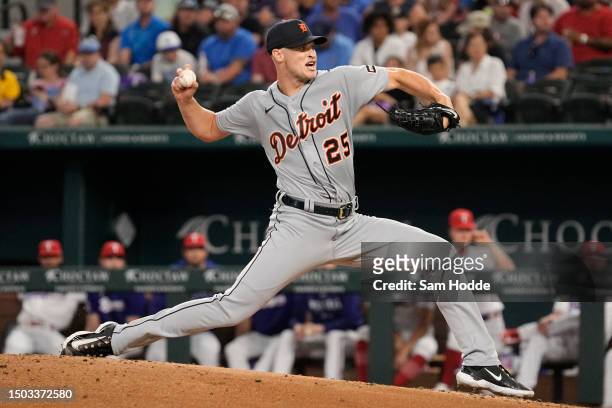 Matt Manning of the Detroit Tigers pitches during the second inning against the Texas Rangers at Globe Life Field on June 27, 2023 in Arlington,...
