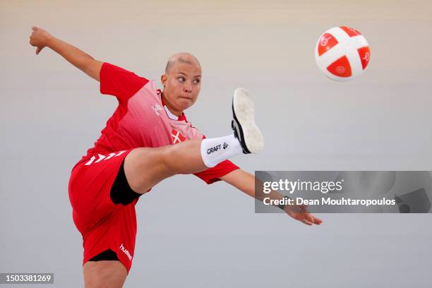 Nanna Lind Kristensen of Denmark competes against Mara D'Alessandro of Italy during the Teqball Women's Singles Bronze Medal match during Day Nine of...