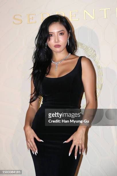 Hwasa of girl group MAMAMOO is seen at the BVLGARI Serpenti 75 years of infinite tales exhibition at Kukje Gallery on June 28, 2023 in Seoul, South...