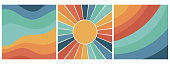 Set of colorful retro groovy backgrounds with rainbow and sun. Trendy groovy print for posters, cards